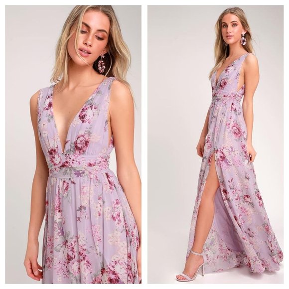 garden meandering lavender floral print maxi dress